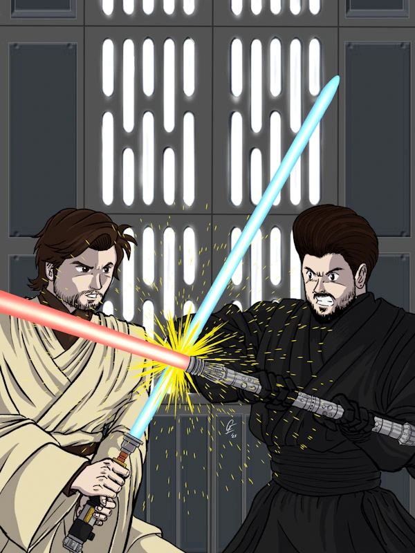 Ilustración para portada de charla de "Jedi vs Sith", realizada en Argentina Comic Con por El datapad de David y The Last Loser Show, el día 6 de junio de 2025
